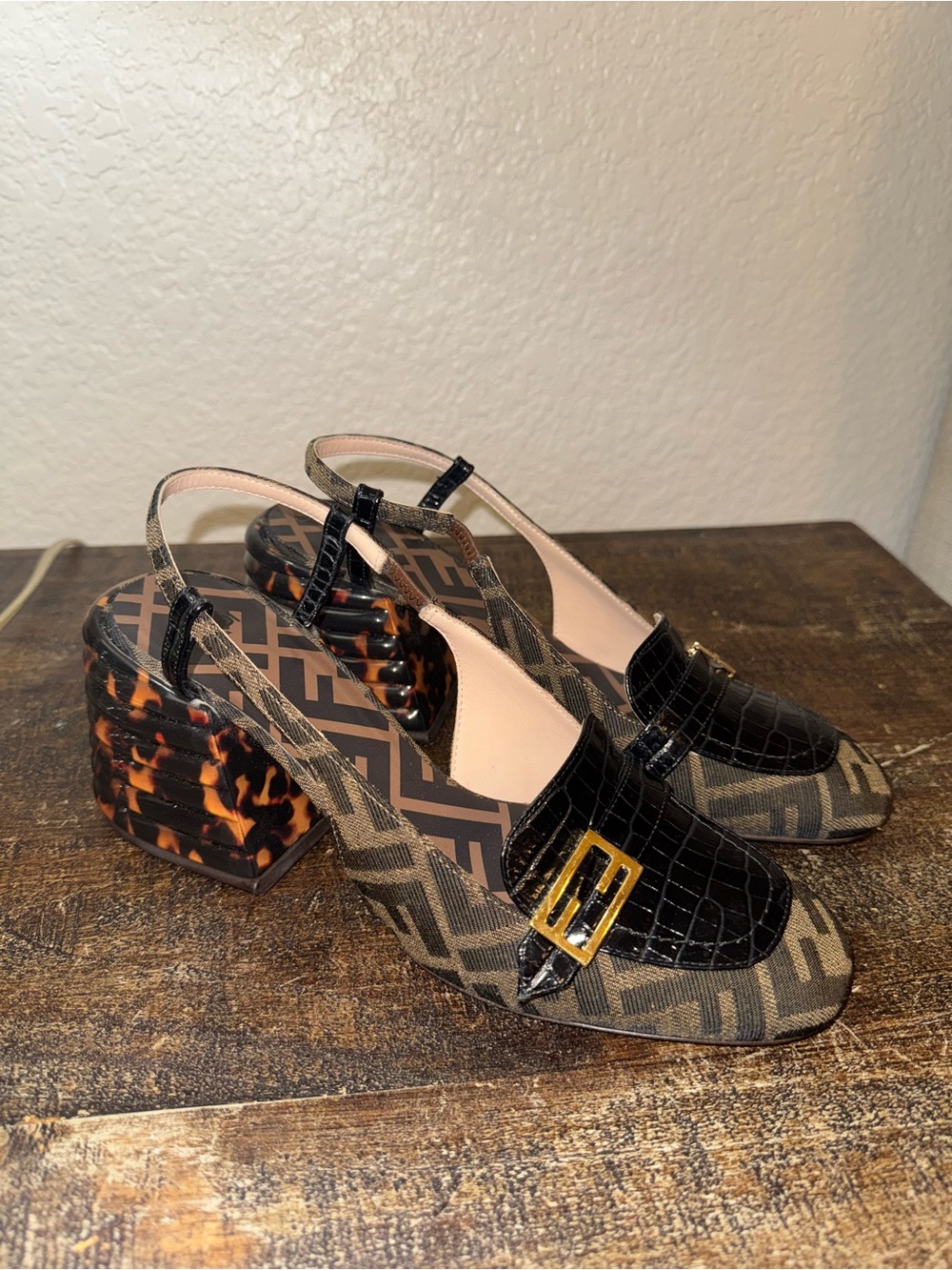 Fendi Brown FF-Logo Slingback Chunky Heel